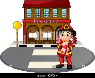 Illustration of a fireman holding a fire extinguisher in front of the fire station on a white background Stock Vector