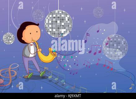 Illustration of a man playing the trumpet with disco lights Stock Vector