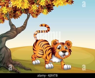 Illustration of a tiger in a jumping position near the big tree Stock Vector
