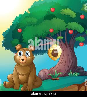 Illustration of a bear in front of a big apple tree with a beehive Stock Vector