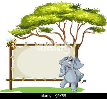 Illustration of an elephant beside an empty framed signage on a white background Stock Vector