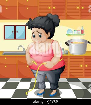 Illustration of a fat woman inside the kitchen Stock Vector