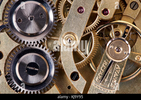 Macro of gears of antique pocket watch Stock Photo