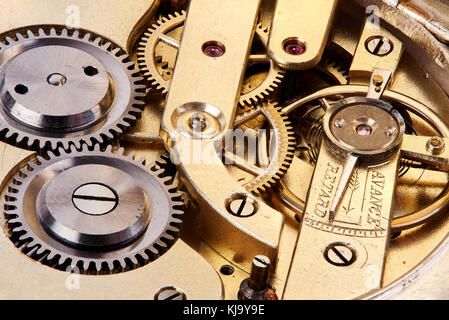 Macro of gears of antique pocket watch Stock Photo
