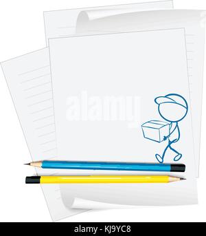 Illustration of a paper with a sketch of a person holding a box on a white background Stock Vector