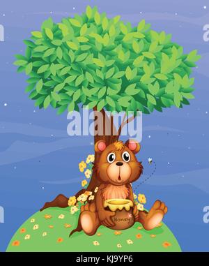 Cartoon baby bear holding honey pot on tree stump Stock Vector Image ...