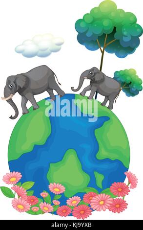 Illustration of the two elephants walking at the earth's surface on a white background Stock Vector