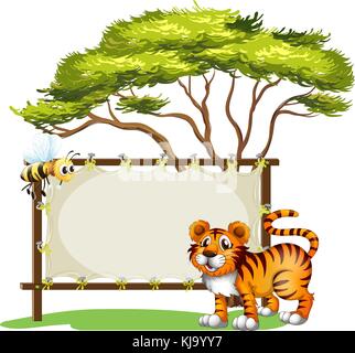 Illustration of a blank signage with a tiger and a bee on a white ...