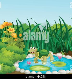 Illustration of a turtle in the pond with waterlilies Stock Vector