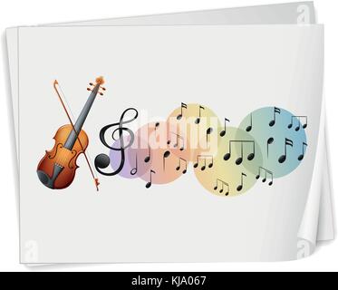 Illustration of a violen printed on a paper with musical notes on a white background Stock Vector