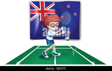 Illustration of a tennis player in front of the flag of New Zealand on a white background Stock Vector