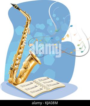 Illustration of a saxophone with a musical book on a white background Stock Vector