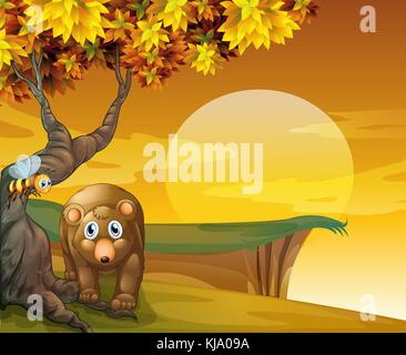 Illustration of a sad bear and a bee near the cliff Stock Vector