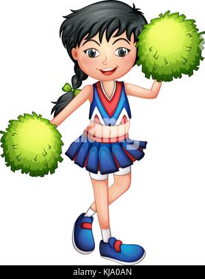 Illustration of a cheerleader with her green pompoms on a white background Stock Vector