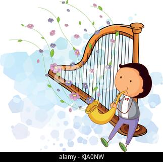 Illustration of a boy with a saxophone and a harp on a white background Stock Vector