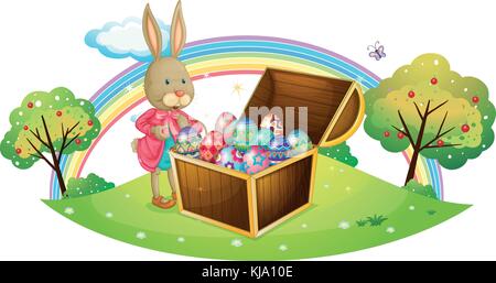 Illustration of a bunny with many colorful eggs on a white background Stock Vector