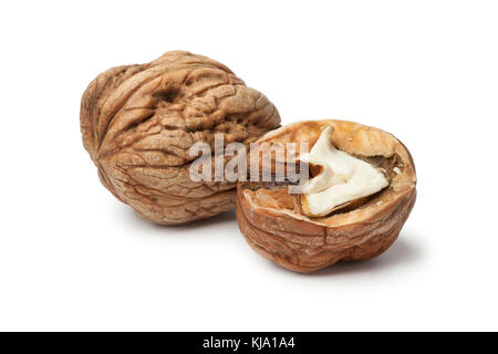 Whole and half wet walnut  on white background Stock Photo
