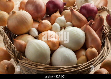 Diversity of fresh raw onions in a basket Stock Photo