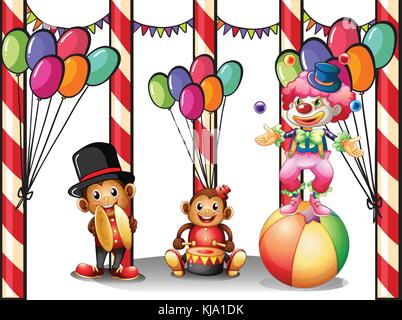 Illustration of a clown and the two monkeys on a white background Stock Vector