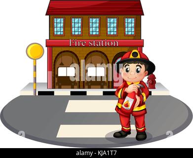 Illustration of a fireman holding a fire extinguisher on a white background Stock Vector