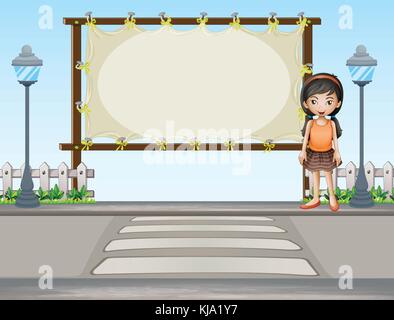 Illustration of a girl beside a blank signage in the street Stock ...