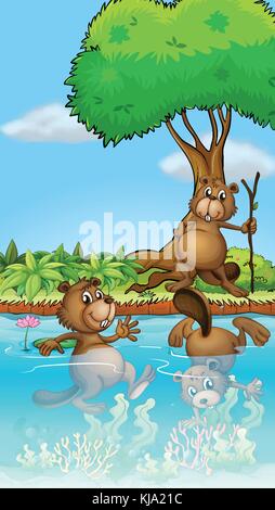 Illustration of three beavers playing at the river Stock Vector