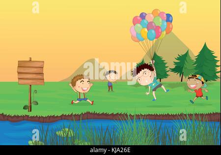 Illustration of an empty signboard with a group of kids at the back Stock Vector