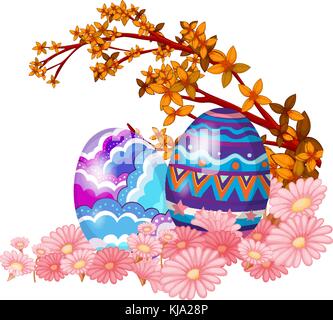 Illustration of two easter eggs hidden in the garden on a white background Stock Vector