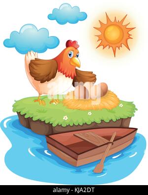 Illustration of a hen with eggs in an island on a white background Stock Vector