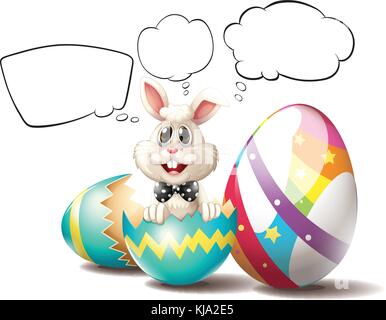 Illustration of a bunny inside a cracked egg with empty callouts on a white background Stock Vector