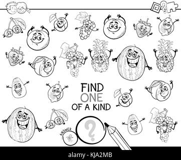 Black and White Cartoon Illustration of Find One of a Kind Educational Activity Game for Children with Fruits Funny Characters Coloring Book Stock Vector