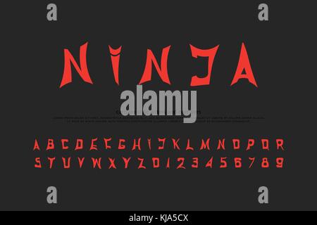 set of stylized alphabet letters and numbers. vector, cartoon style font type. ninja typeface design. martial arts comics or animation typesetting Stock Vector