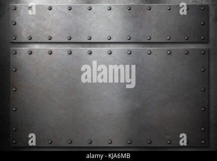 two metal plates with rivets metal background 3d illustration Stock Photo