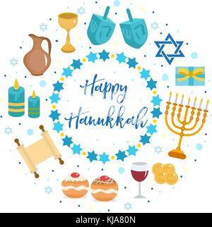 Happy Hanukkah set of icons in a round shape, greeting card. Template for your design. Isolated on white background. Jewish holidays. Vector illustration. Stock Vector