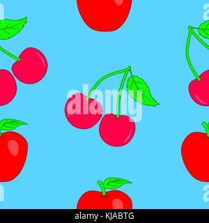 Isolated blue filling a seamless texture of apples and cherries. Stock Vector
