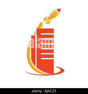 rocket with building illustration, launched rocket around building symbol,  isolated on white background. Stock Vector