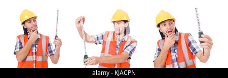 Construction worker with tape-line isolated on white Stock Photo