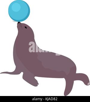 Sea lion with a ball, circus icon flat style, isolated on white background. Vector illustration. Stock Vector
