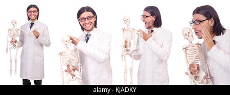 Funny teacher with skeleton isolated on white Stock Photo