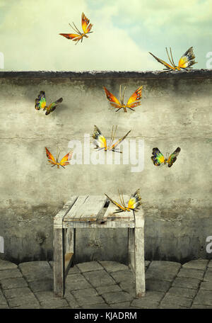 Many colorful butterflies flying into the sky with a peeling wall and a bench, illustrative photo and artistic Stock Photo