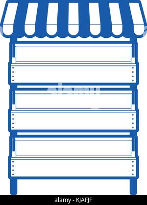 supermarket shelves with big storage with three levels and sunshade in blue silhouette Stock Vector