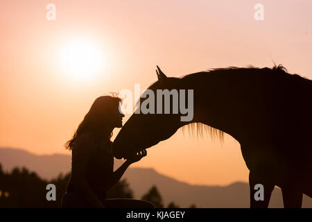 Spanish Horse, Andalusian. Woman with dun stallion silhouetted against the setting sun. Switzerland Stock Photo