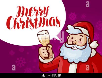 Merry Christmas greeting card. Jolly Santa Claus with glass of champagne in hand. Xmas, holiday banner. Vector cartoon illustration Stock Vector