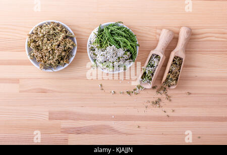 Top view of two bowls and spoons of fresh and dried flowers and leaves of yarrow with a wooden background Stock Photo