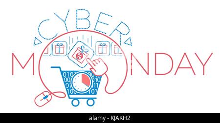concept cyber Monday in the form of a virtual cart, a cursor and a gift. Icon in the linear style Stock Vector