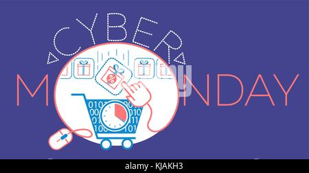 concept cyber Monday in the form of a virtual cart, a cursor and a gift. Icon in the linear style Stock Vector