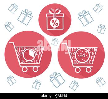 icons of shopping carts and shopping, gifts in a flat style. The concept sale  in the store 24 hours Stock Vector