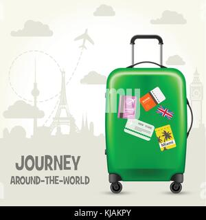Suitcase with travel tags and european landmarks - tourism poster Stock Vector