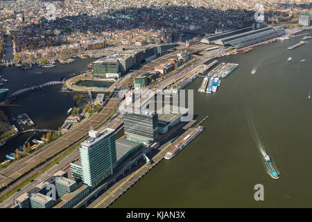 Aerial view of Amsterdam and Central Railway Station, The Netherlands Stock Photo