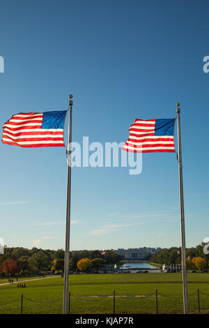 View from the Washington Monument, looking towards the Lincoln Memorial, with US flags Stock Photo